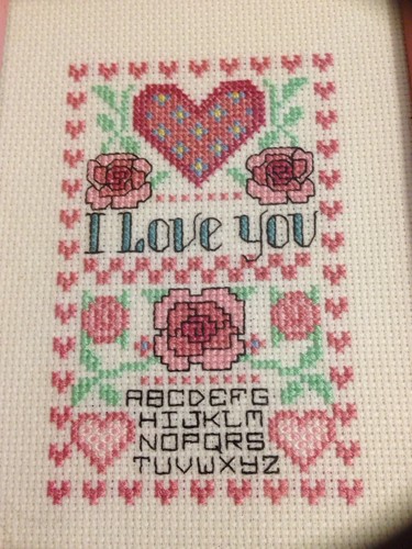Folk art sampler pink Cross Stitch Pair Of hearts finished Framed 6 X 8" Cute!! - Picture 11 of 12