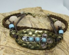 Layered Braided BEADED Bracelet Religious Jewelry Christian Drawstring Cross