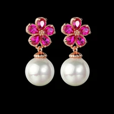 Sparkling Hot Pink Fuchsia CZ 10mm White Pearl Sterling Silver Post Earrings