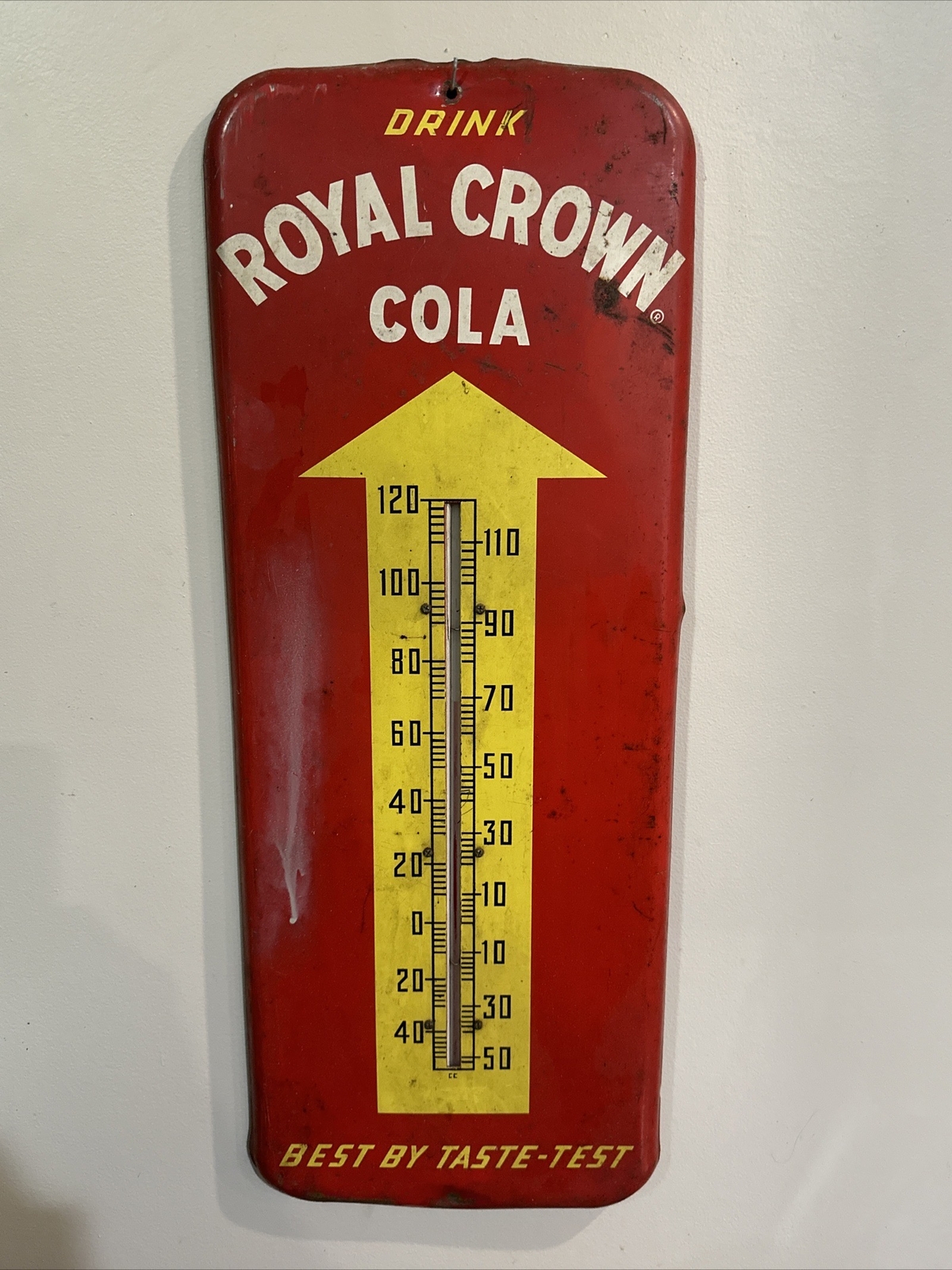 ORGINAL AUTHENIC DRINK ROYAL CROWN COLA THERMOMETER METAL SIGN. 9.5x26