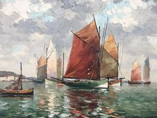 Olio Su Tela: Paesaggio Marino Mare Oceano Velieri Villaggio Porto A. BORDERIE