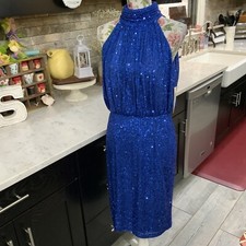 Eliza J Sz 10 Blue Halter High Neck Sleeveless Sequin Blouson Dress Cocktail New
