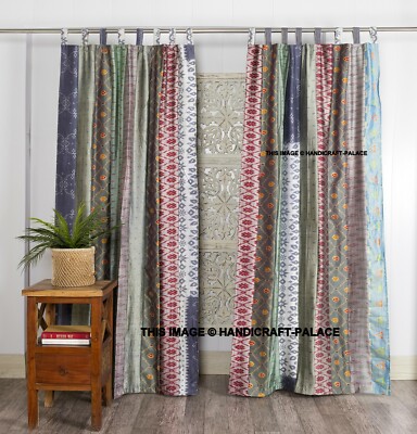 2 PCs Vintage Silk Saree Window Curtains Indian Patchwork Grey Curtains Drapes