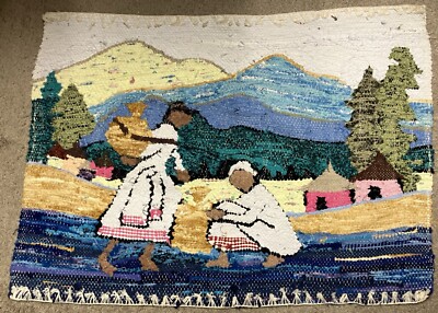 Vintage Hand Woven Rug 36x24'' Women Fetching Water In A Colloquial Mountain Spot