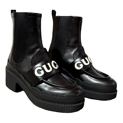 Gucci Women's Shoes Boots Ornella Chelsea Boot Gucci Logo Leather Black NEW