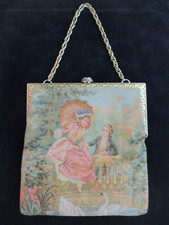 Vintage 1930s Tapestry Purse Handbag Man  Woman in a Pastoral Scene Gold Detail