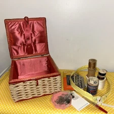 Vintage Sewing Basket Box Red White Woven Wooden Bottom Japan W Notions6.5”X6.5”
