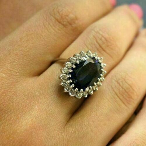 2Ct Lab Created Diamond Oval Blue Sapphire Engagement Ring 14K White Gold Finish