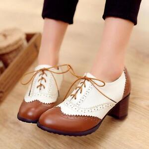 Womens-Block-Mid-Heels-Oxfords-Retro-Brogues-Wing-Tip-Lace-Up-Shoes-preppy-style