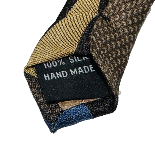HILL & ARCHER Hand Made 100% Silk Tie (Necktie), 58"L x 4"W, Brown w/ Blue & Tan - Picture 7 of 9