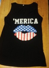 ??Merica Tank Top Sleeveless Women?s Small Black Shirt American Flag Lips Black
