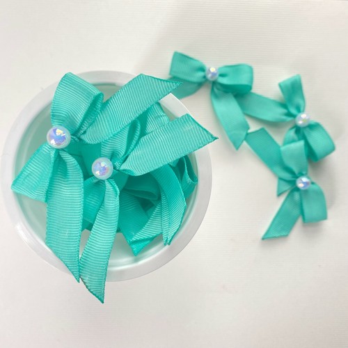 Mint Green Half Pearl Pasted Hand Tied 20 Bow Pack 13mm solid Grosgrain Ribbon - Picture 7 of 8