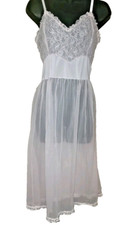 Vintage 60s Sheer Blush Pink Chiffon Accordion Pleated Lace Nightgown 40 FLAW