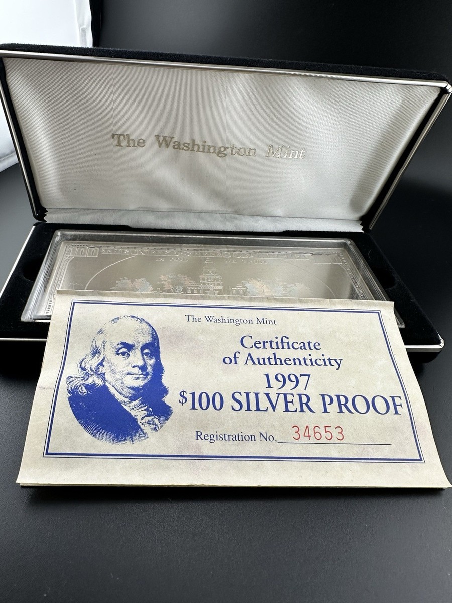 1997 Washington Mint $100 Dollar Silver Proof Fine Silver 4 oz Bar