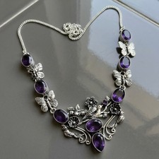Amethyst Necklace 925 Sterling Silver Gemstone Vintage Butterfly Bird Jewelry