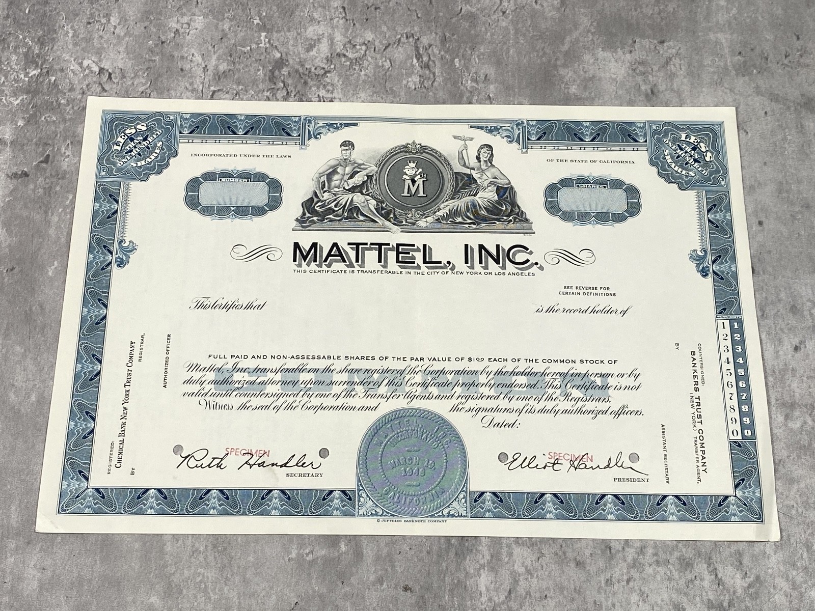 Vintage Mattel Stock Certificate Uncirculated Specimen Ruth Elliot Handler RARE