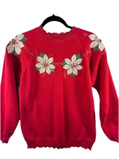 VTG WMS Hanes SZ M Christmas Sweatshirt Metallic Embroidered Beaded Poinsettia