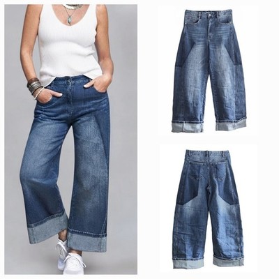 Wide Leg Jeans Sexy Woman High Waist Weites Bein Hoher Bund Waschung Blue Denim