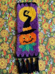 Halloween Jack O Lantern with Witch Hat Latch Hook Rug Wall Art