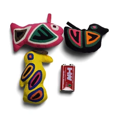 3 Vintage KUNA MOLA Plush Folk Art Fabric Christmas Ornament Bird Fish