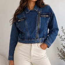 L&M Jeans Moto Denim Jacket Medium Wash Asymm...