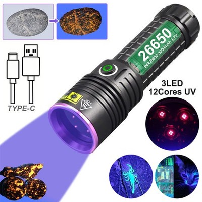 UV-Taschenlampe 365nm Schwarzlicht USB-C Akku Detektion Harz Bernstein Blut 30W