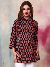 Indian Women BEAUTIFUL Pure Cotton Black Floral Printed Kurta Kurti Top Tunic