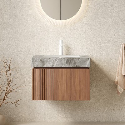 24'' Bathroom Vanity Sink Floating Plywood Cabinet Brown Oak Gray Stone Top