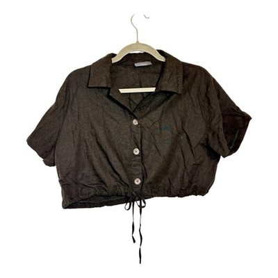 VICI Black Linen Blend Cropped Button Down Top Minimalist Chic Medium