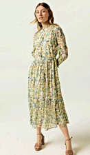 JOHN LEWIS GREEN YELLOW FLORAL RIPPLE CHIFFON TIER MIDI MIDAXI DRESS 10/12 NWOT