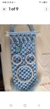 Vintage 1970s Blue Macrame Towel Holder 3 Rings Butterfly Boho Retro Wall Decor