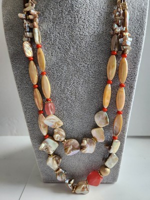 Christopher And Banks Necklace Beaded Iridescent/ Pearlized Coral/ Beige
