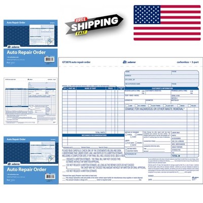 Auto Repair Job Order Forms Carbonless 50 Pack 85 x 7 Inch Multi-Part Auto Shop
