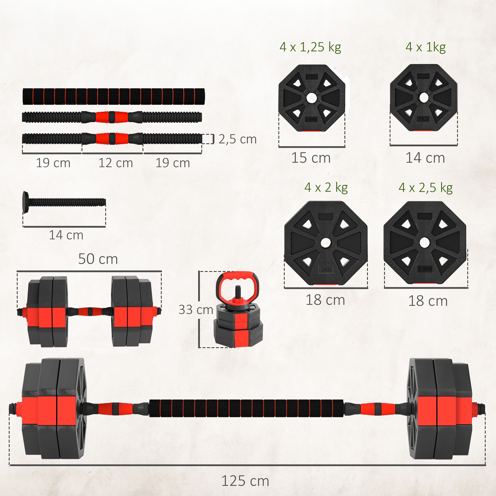 Set Pesi Palestra 6 in 1 da 30Kg con Bilanciere e Manubri foto 3