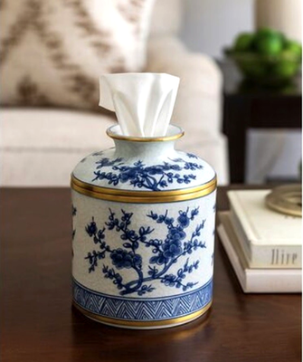 Blue White Blossom Porcelain Brass Tissue Holder Dispenser Cover
