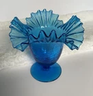 Blenko Art Glass Azure Blue Crackle Ruffle Blown Glass Pedestal Vase