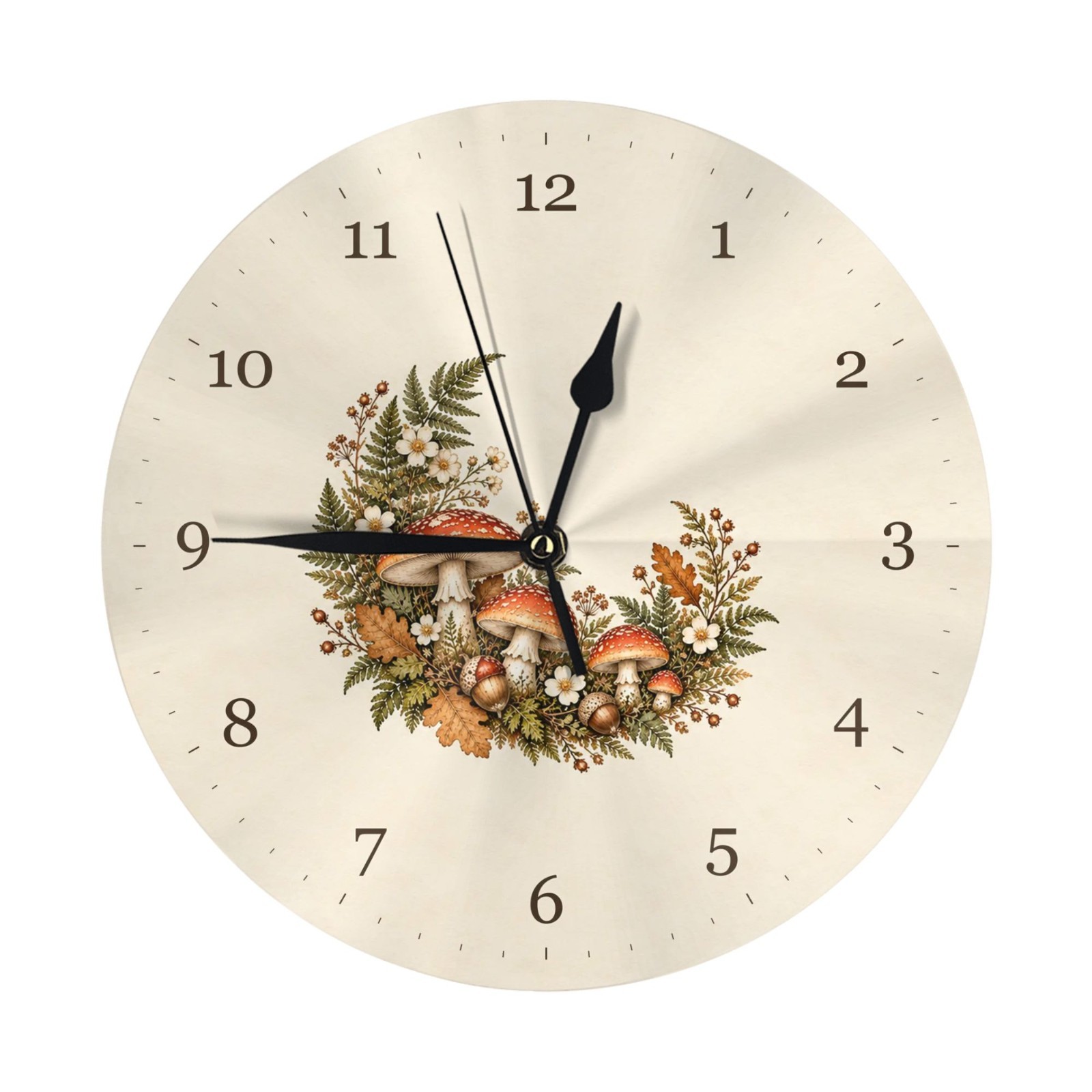 Mushroom Botanical Wall Clock 25cm Woodland Decor Wooden or PVC