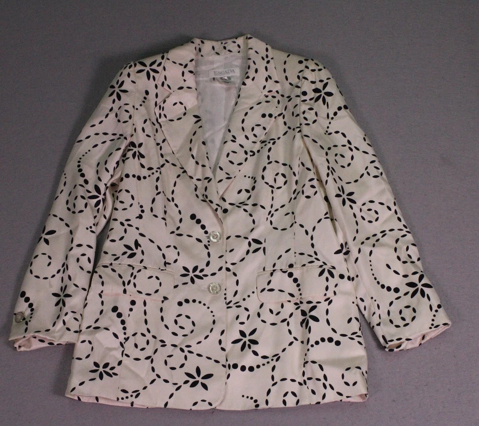 Vintage Escada Jacket Dress Set Womens 40 White Black Silk Floral Swirl Suit 90s - Image 2 of 4