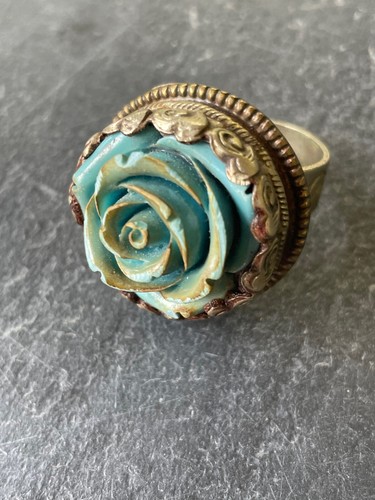 BIG Aqua Blue Flower Stretch Ring Silver Tone Handmade Artisan Vintage Statement - Picture 7 of 9