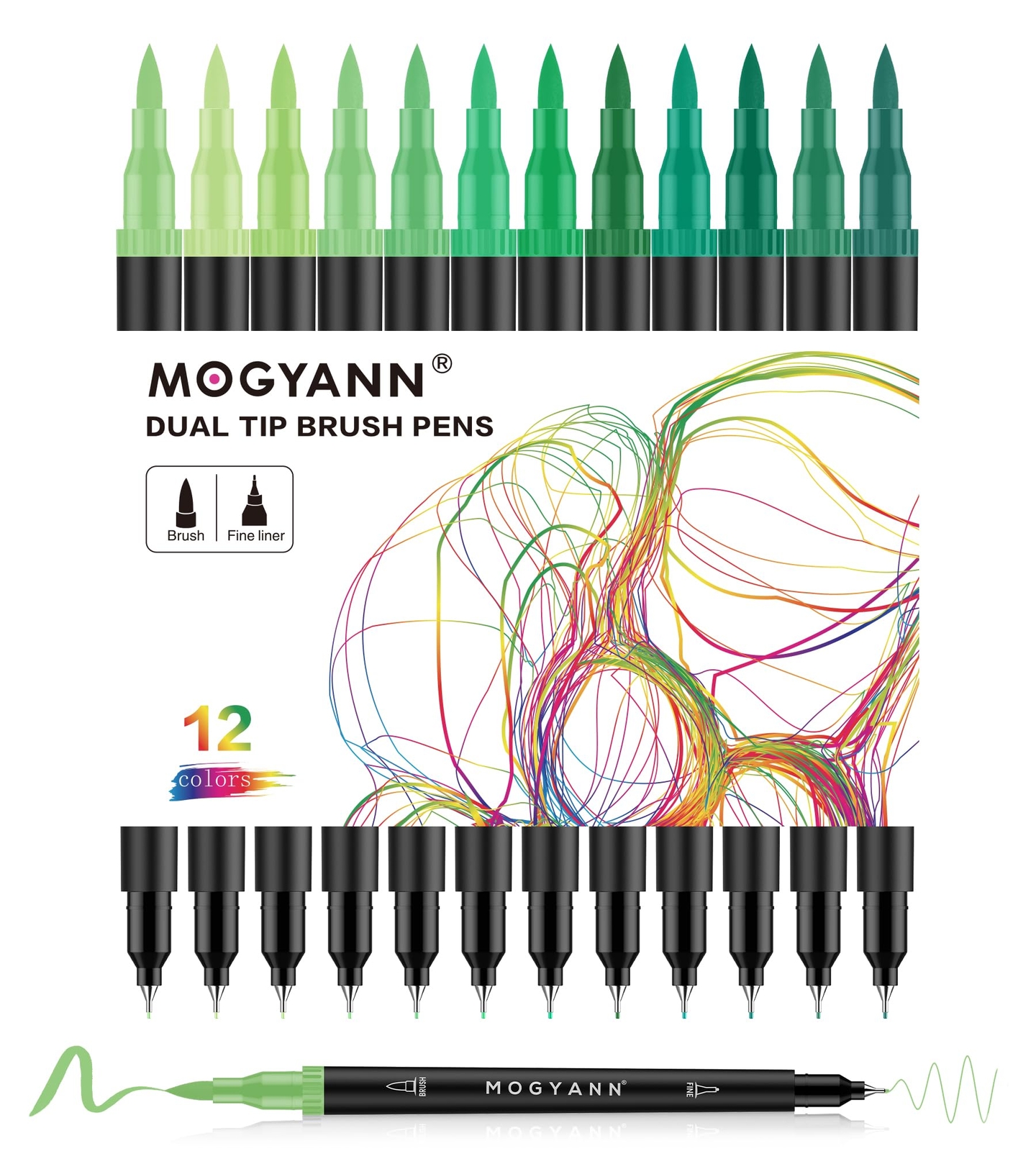 Green Markers, 12 Pack Dual Brush Pens Drawing Markers for Art Sketching-image