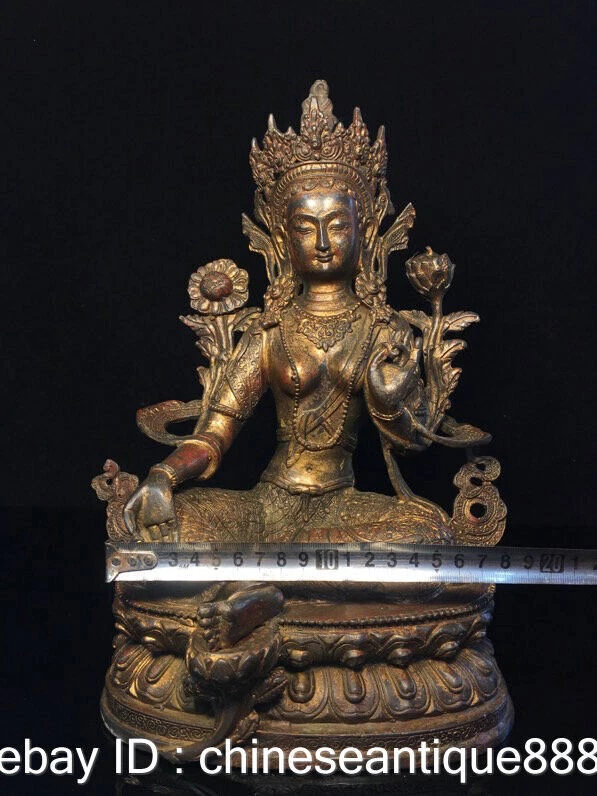 Старый Тибет бронза позолоченный зеленый Тара Махаяна буддизм просветления богини статуя - Изображение 4 из 4