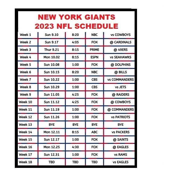 2023 New York Giants Eastern Time NFL Football Schedule Fridge Magnet