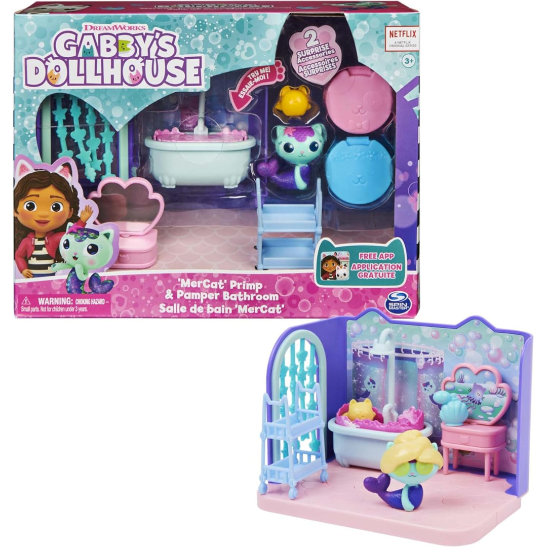 Gabby’s Dollhouse Primp and Pamper Bathroom with MerCat Figure and Accessories