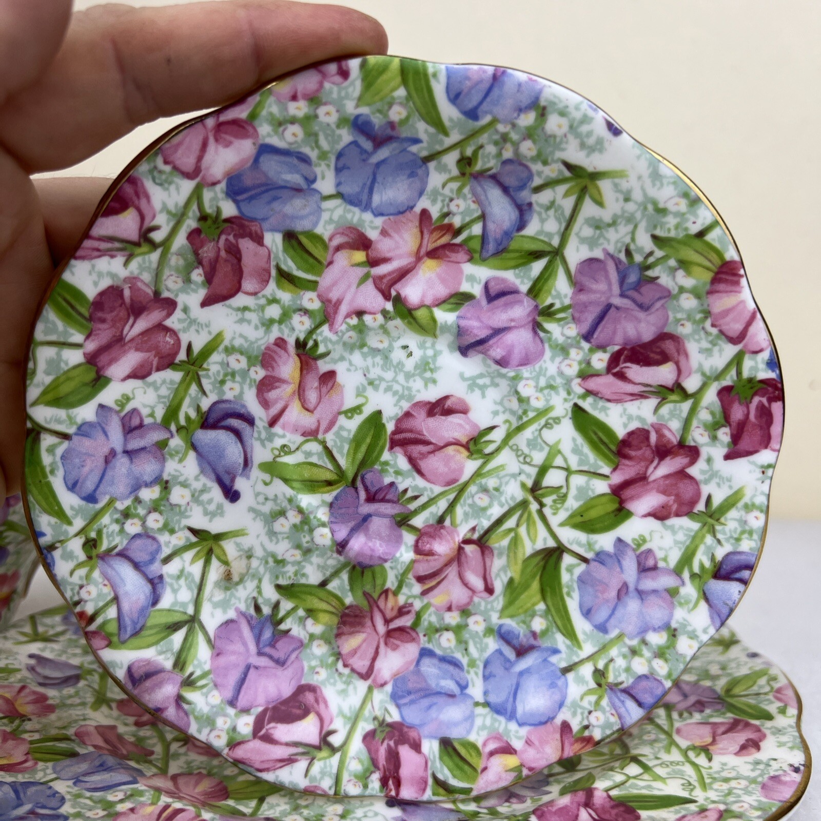 Royal Standard Fine Bone China Sweet Pea Pattern Teacup Saucer And Salad Plate