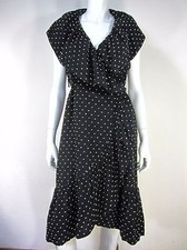 J PETERMAN WOMENS LINED WRAP DRESS 8 POLKA DOT BLACK WHITE RUFFLE TEA PARTY 