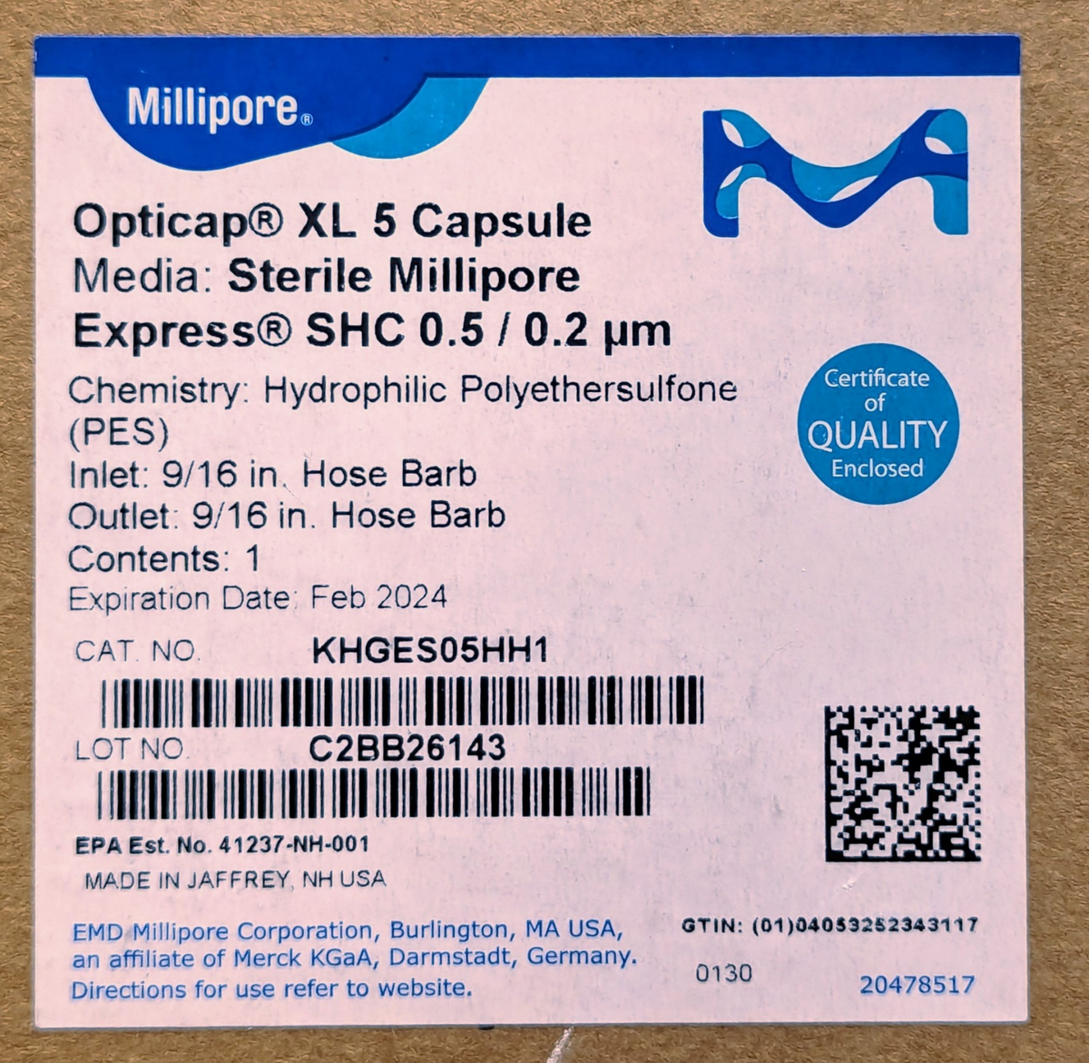 Δ9-CBP 原料 5ml 98.80% Millipore Opticap XL 5 Capsule Sterile SHC 0.5/0.2 µm
