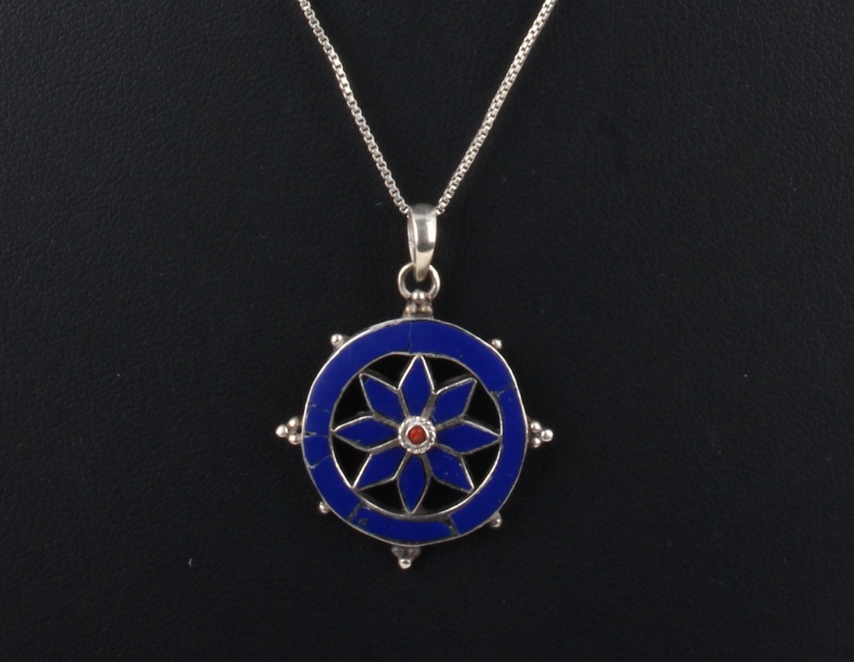 STERLING BLUE ENAMEL RED STONE FLORAL SHIP WHEEL PENDANT CHAIN