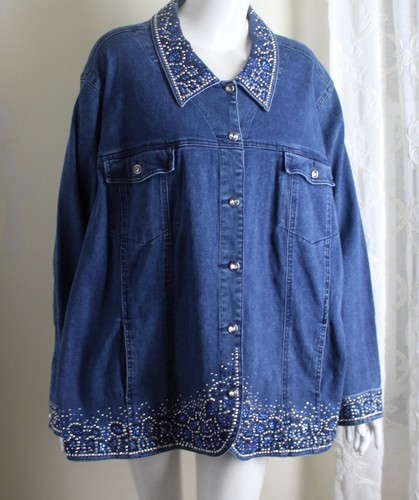 GLAM FAB Quacker Factory Sz 3X Denim Jean Studded Rhinestone Blazer Jacket - Picture 7 of 10