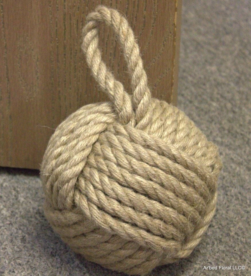 6" Dia. Jute Monkey Fist Rope Knot Door Stopper, Nautical Wedge