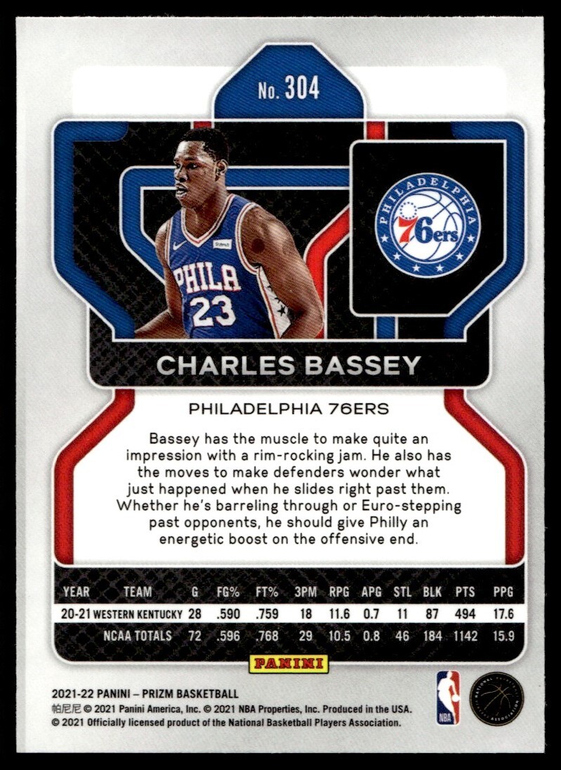 2021-22 Panini Prizm Charles Bassey Rookie G36 Philadelphia
